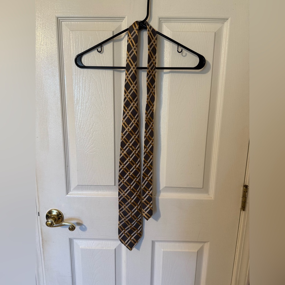 Grey and Gold Plaid Men's Tie